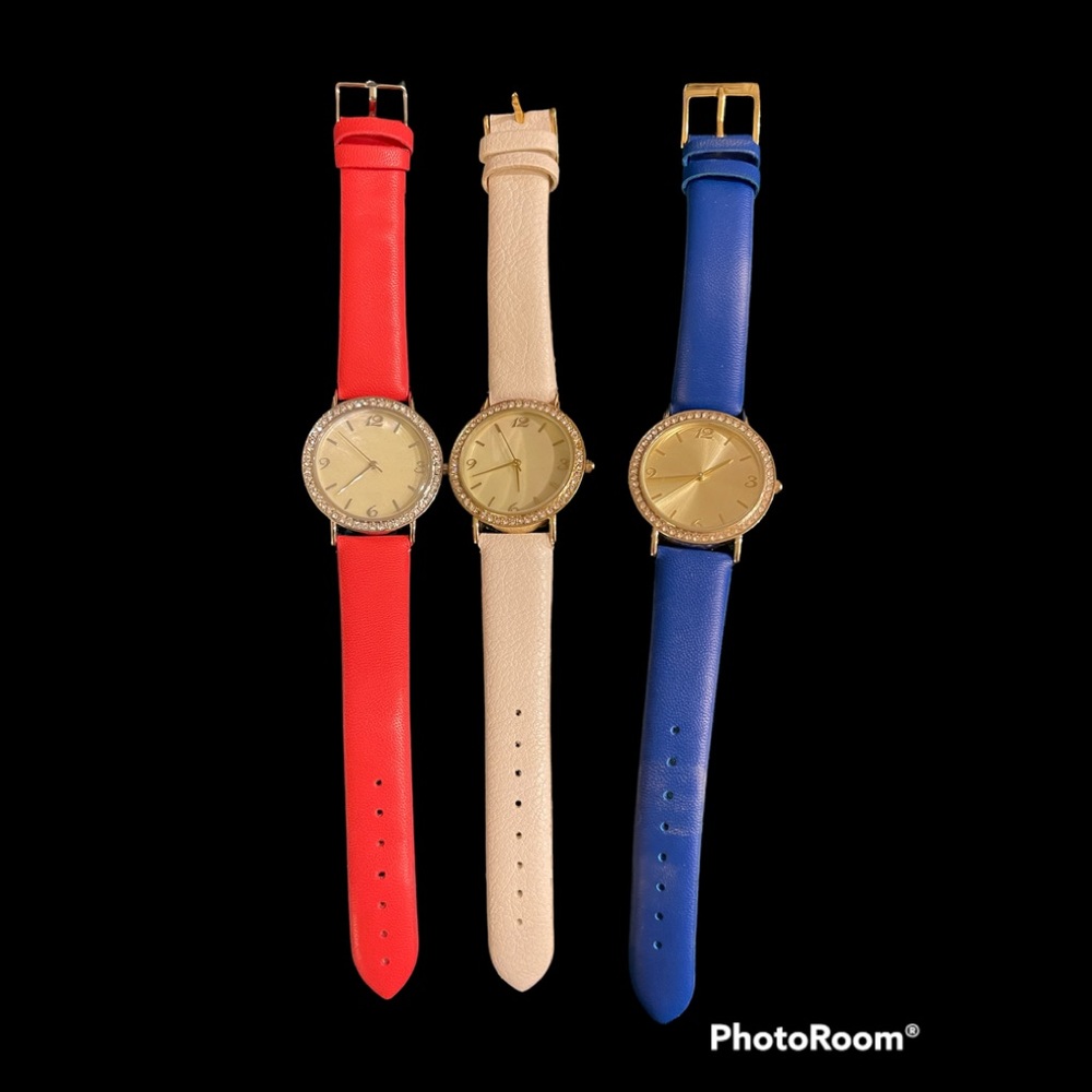 Set of 3 Watches w/Rhinestones,Red,White,& Blue. Need Batteries.